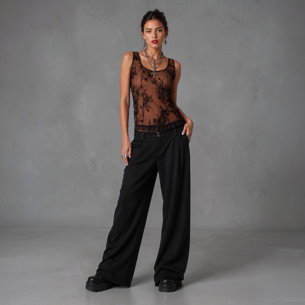 Vintage Y2K Brown Black Floral Lace Mesh Top Petite S/L Whimsigoth Fairy JTB - Picture 8 of 11
